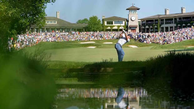 Denny McCarthy plays to the 18th green in the final round of the 2023 Memorial Tournament.